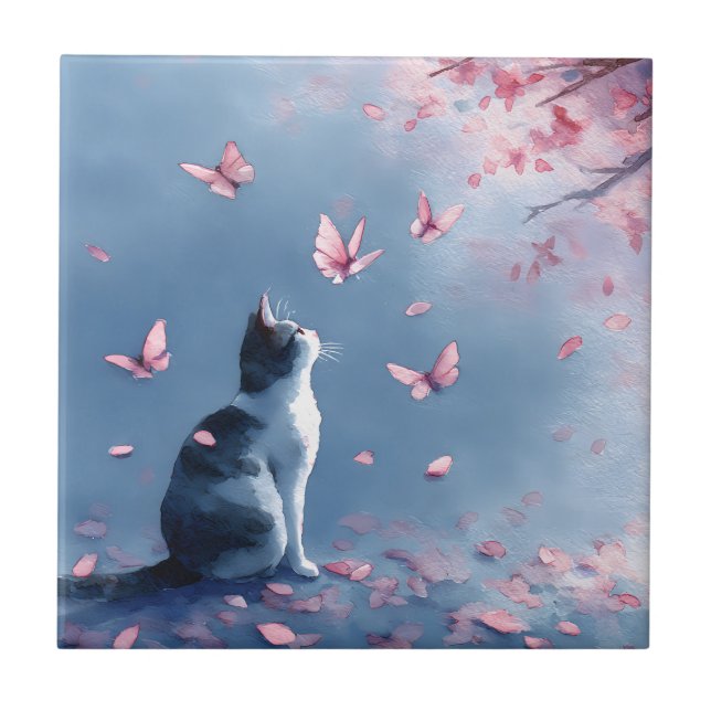 Carreau Chat Fleur de Cerisier et Papillons (4) (Devant)