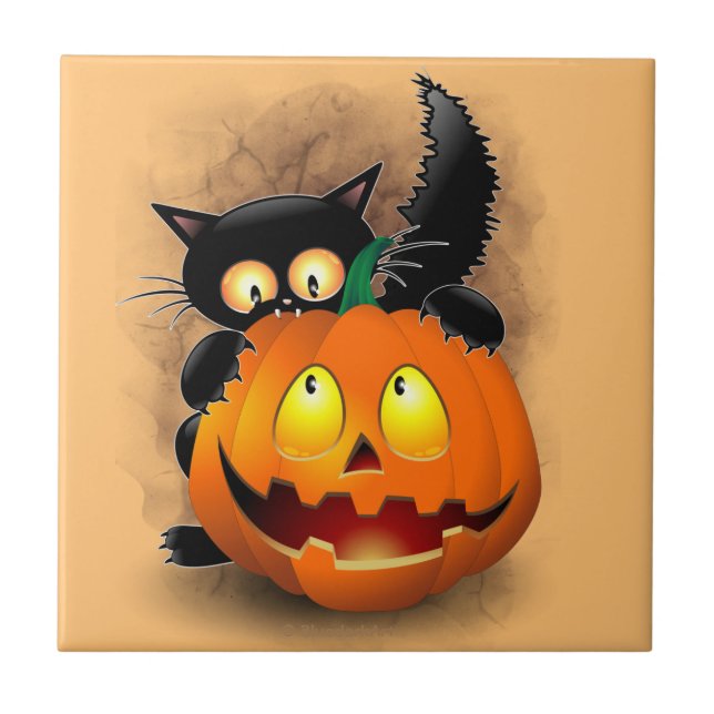 Carreau Chat Fun Halloween Caractère mordant un Citrouille (Devant)