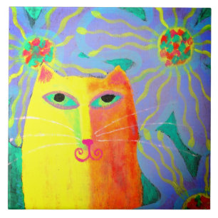 Carreau Chat Jaune avec Fleurs Peinture Abstraite