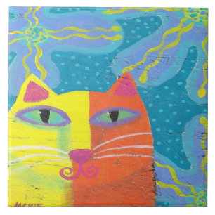 Carreau Chat jaune avec fleurs violettes Peinture abstrait