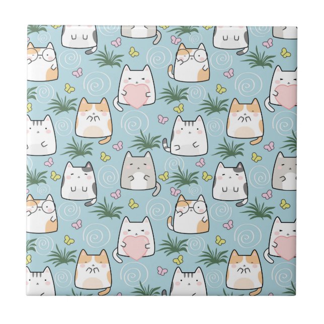 Carreau Chat Kawaii dans un Arrière - plan bleu ciel (Devant)
