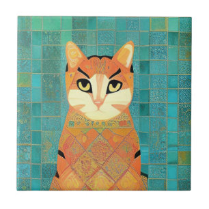 Carreau Chat marocain en mosaïque gingembre sur arrière - 