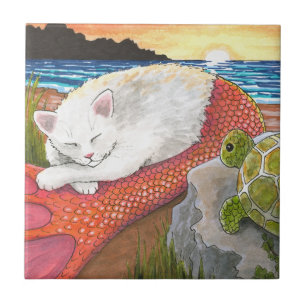 Carreau Chat Mermaid 26 Merkitty sur la plage avec tortue