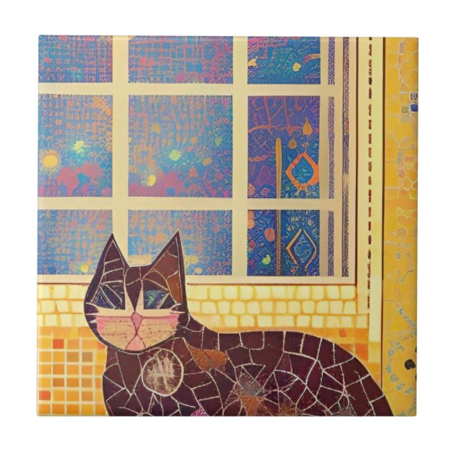 Carreau Chat mosaïque marocaine art abstrait marron carré (Devant)