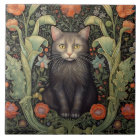 Chat noir Art nouveau et fleurs rouges