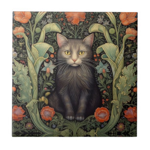 Carreau Chat noir Art nouveau et fleurs rouges