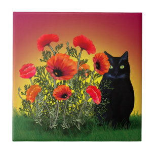 Carreau Chat noir aux pavots