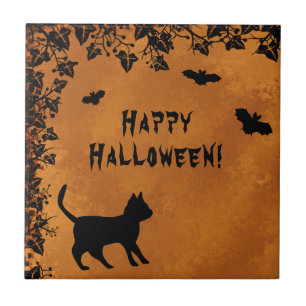 Carreau Chat noir avec chauve-souris, Happy Halloween