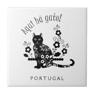 Carreau Chat noir avec fleurs et expression portugaise