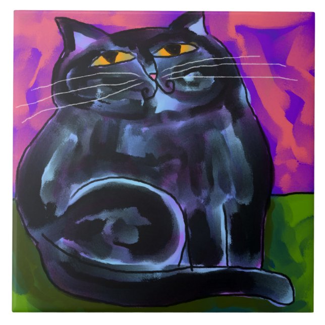 Carreau Chat noir brillant peinture numérique Abstraite (Devant)