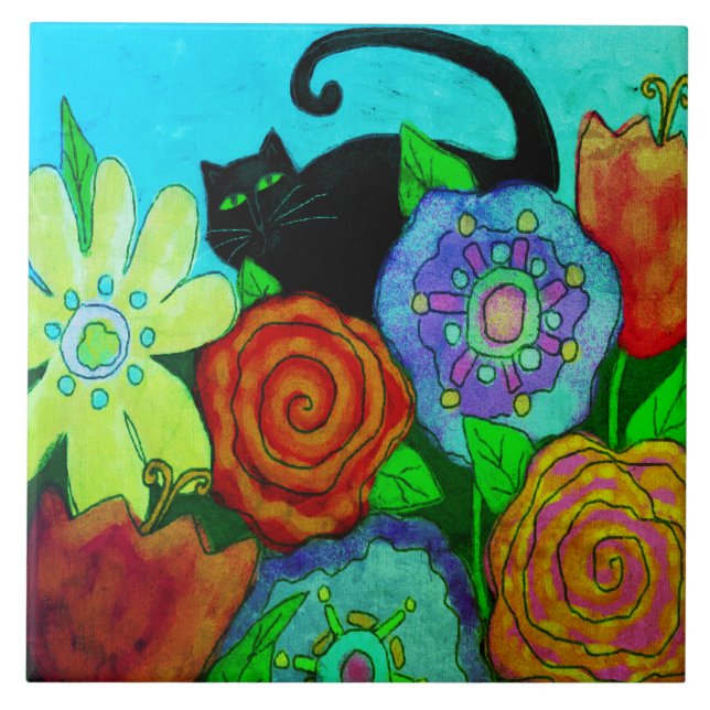 Carreau Chat Noir Dans Le Jardin Peinture Abstraite (Devant)