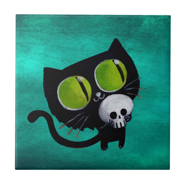 Carreau Chat noir de Halloween avec le crâne (Devant)