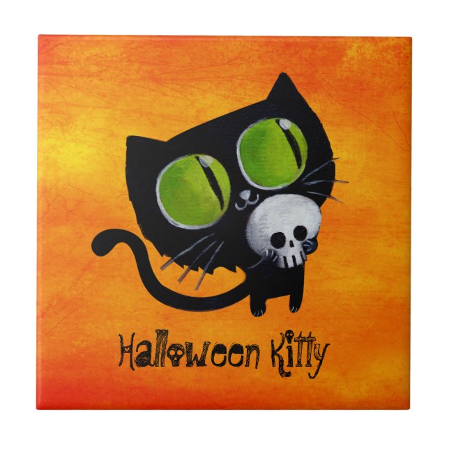 Carreau Chat noir de Halloween avec le crâne (Devant)