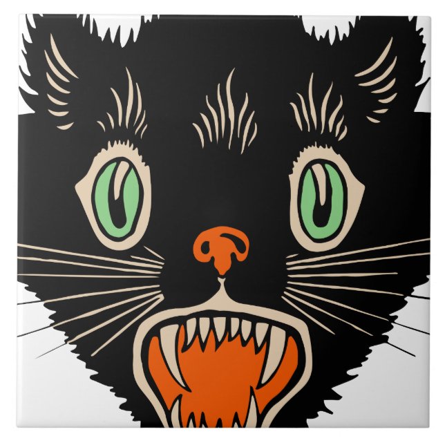 Carreau Chat noir effrayé d'Halloween Vintage (Devant)