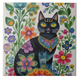 Carreau Chat noir, fleurs, papillons, art natif