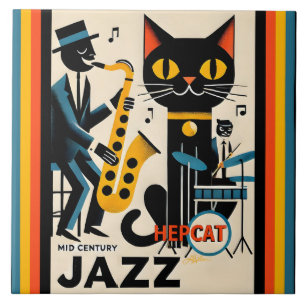 Carreau Chat Noir HepCat d'Ère du Jazz Milieu du Siècle