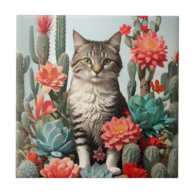 Carreau Chat parmi les cactus | AMOUREUX DE LES CHATS (Devant)
