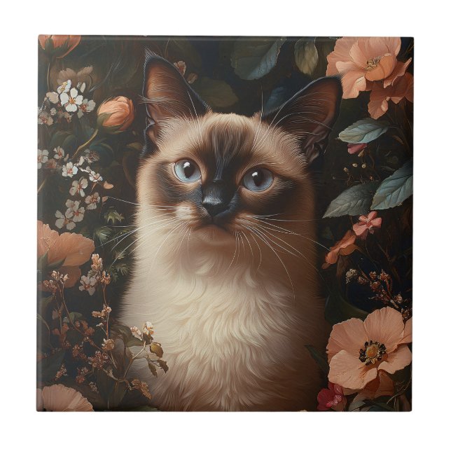 Carreau Chat Siamois Entouré De Fleurs Roses Bruyantes (Devant)