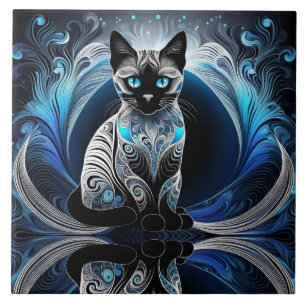 Carreau Chat siamois, noir bleu et blanc abstrait
