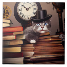 Chat Steampunk avec livres Carrelage céramique