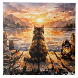 Carreau Chat sur le quai au coucher du soleil