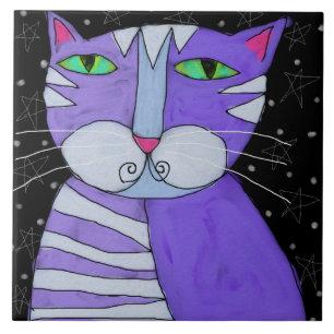 Carreau Chat sur une peinture Abstraite étoilée