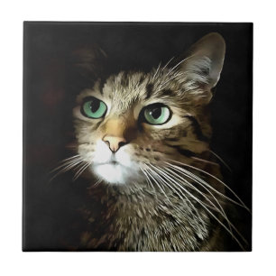 Carreau Chat Tigre aux Yeux Verts Isolés sur Fond Noir