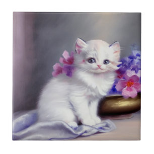 Carreau Chaton Blanc Vintage avec Fleurs Roses et Violette