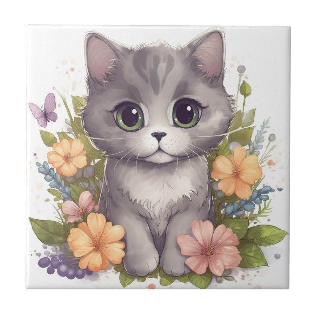 Carreau Chaton gris doux avec fleurs Kawaii Chibi (Devant)