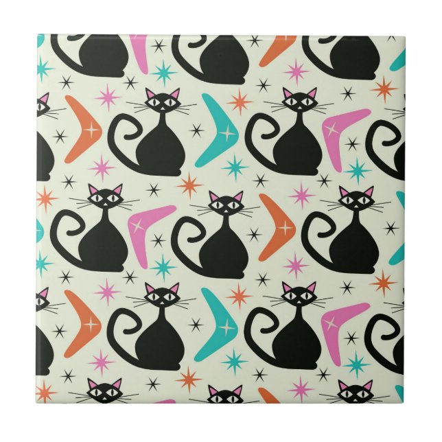 Carreau Chats atomiques noirs du milieu du siècle avec Boo (Devant)