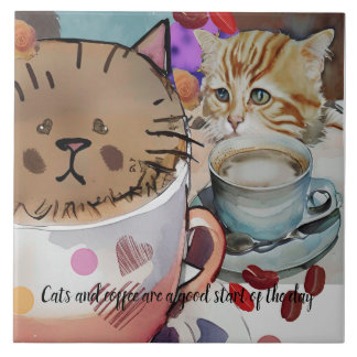 Carreau Chats et café et texte personnalisé