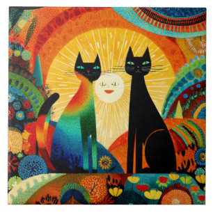 Carreau Chats sur fond lumineux et coloré,