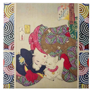 CARREAU CHERCHANT LE TIRESOME, FEMME JAPONAISE AVEC CHAT B