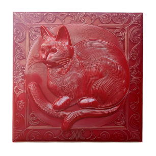 Carreau Cherry rouge faux relief Art Nouveau Chat