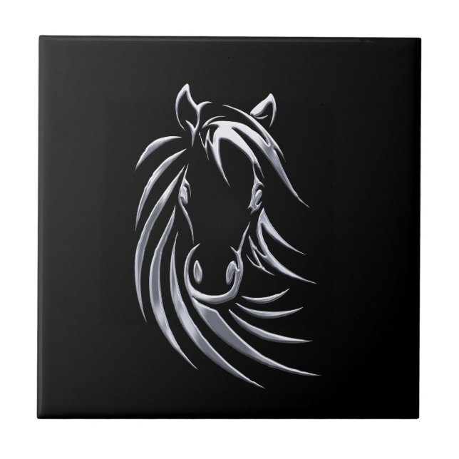 Carreau Cheval argenté tête sur noir (Devant)