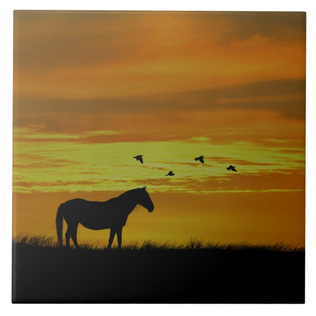 Carreau Cheval au coucher de soleil d'or avec oiseaux (Devant)