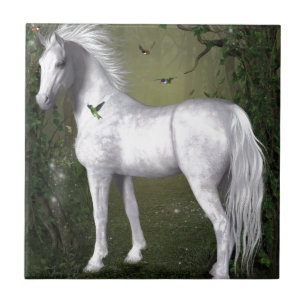 Carreau Cheval blanc dans les bois avec des colibris