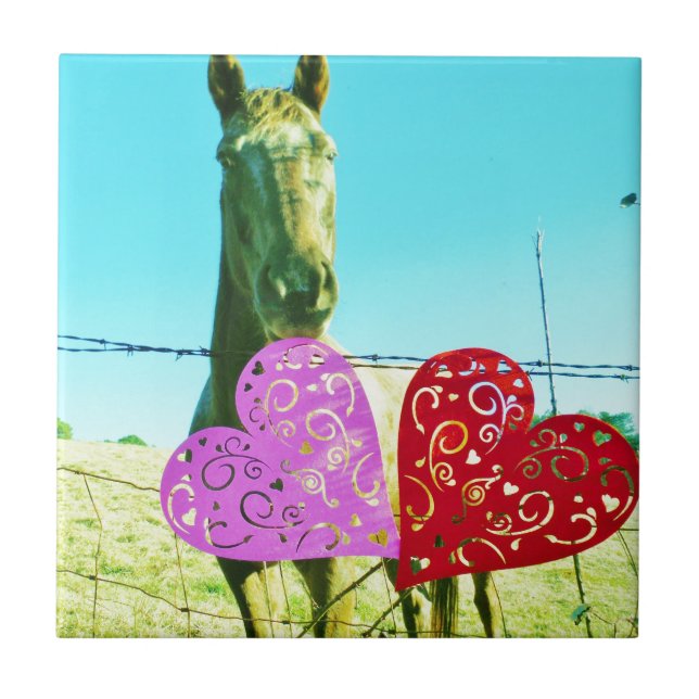 Carreau Cheval blond et Coeurs rose et rouge (Devant)