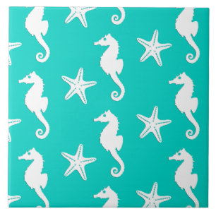 Carreau Cheval de mer et étoile de mer - blanc sur turquoi