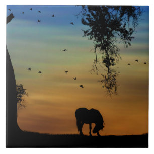 Carreau Cheval et chêne super mignon avec oiseaux