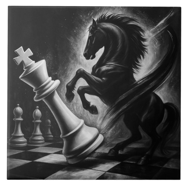 Carreau Cheval Noir Dramatique vs Roi - Oeuvre audacieuse  (Devant)