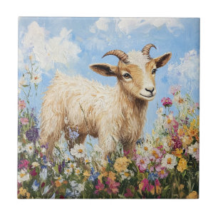 Carreau Chèvre Cute Entourée De Fleurs sauvages