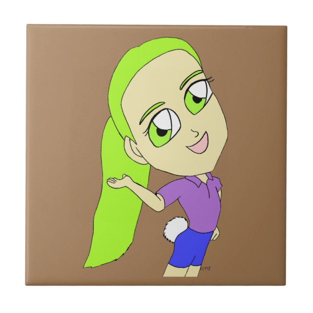 Carreau chibi fille avec brique en céramique lapin (Devant)
