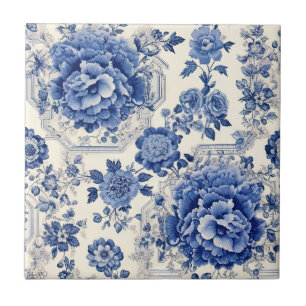 Carreau Chic Bleu blanc à fleurs chinoiserie toile monogra