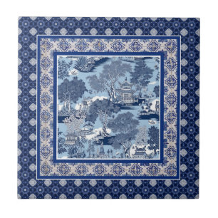 Carreau Chic bleu blanc saule chinoiserie toile monogramme