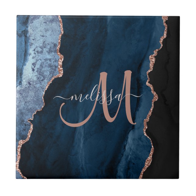 Carreau Chic Blue Rose Gold Agate Script Monogramme person (Devant)