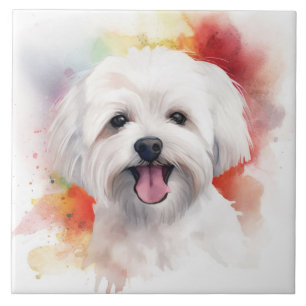 Carreau Chien blanc maltais Aquarelle