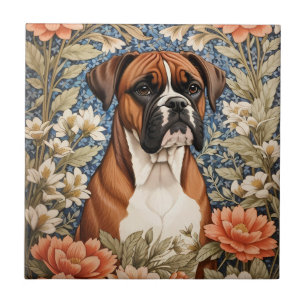 Carreau Chien Boxer Élégant Inspiré de William Morris