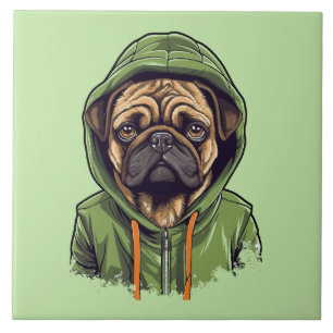 Carreau Chien carlin portant Sweat - shirt à capuche vert