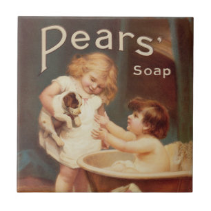 Carreau Chien de manchon prenant un bain, vintage, antique